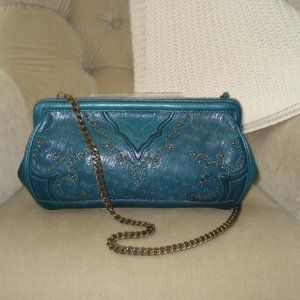 VTG Auth ISABELLA FIORE Teal Studded Baguette Clutch Bag